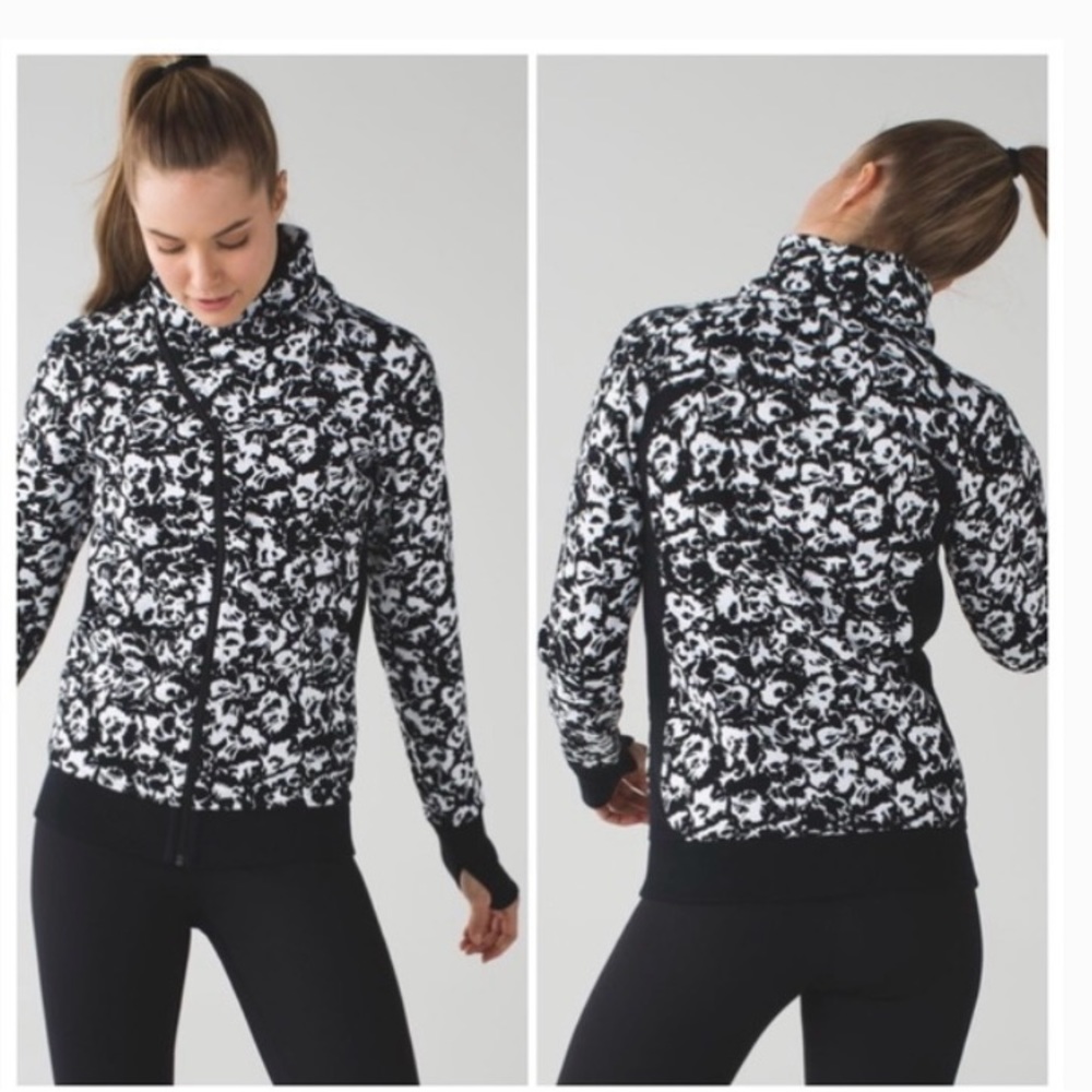 Lululemon Cuddle Up Sweater Jacket in fun black and white floral pattern.